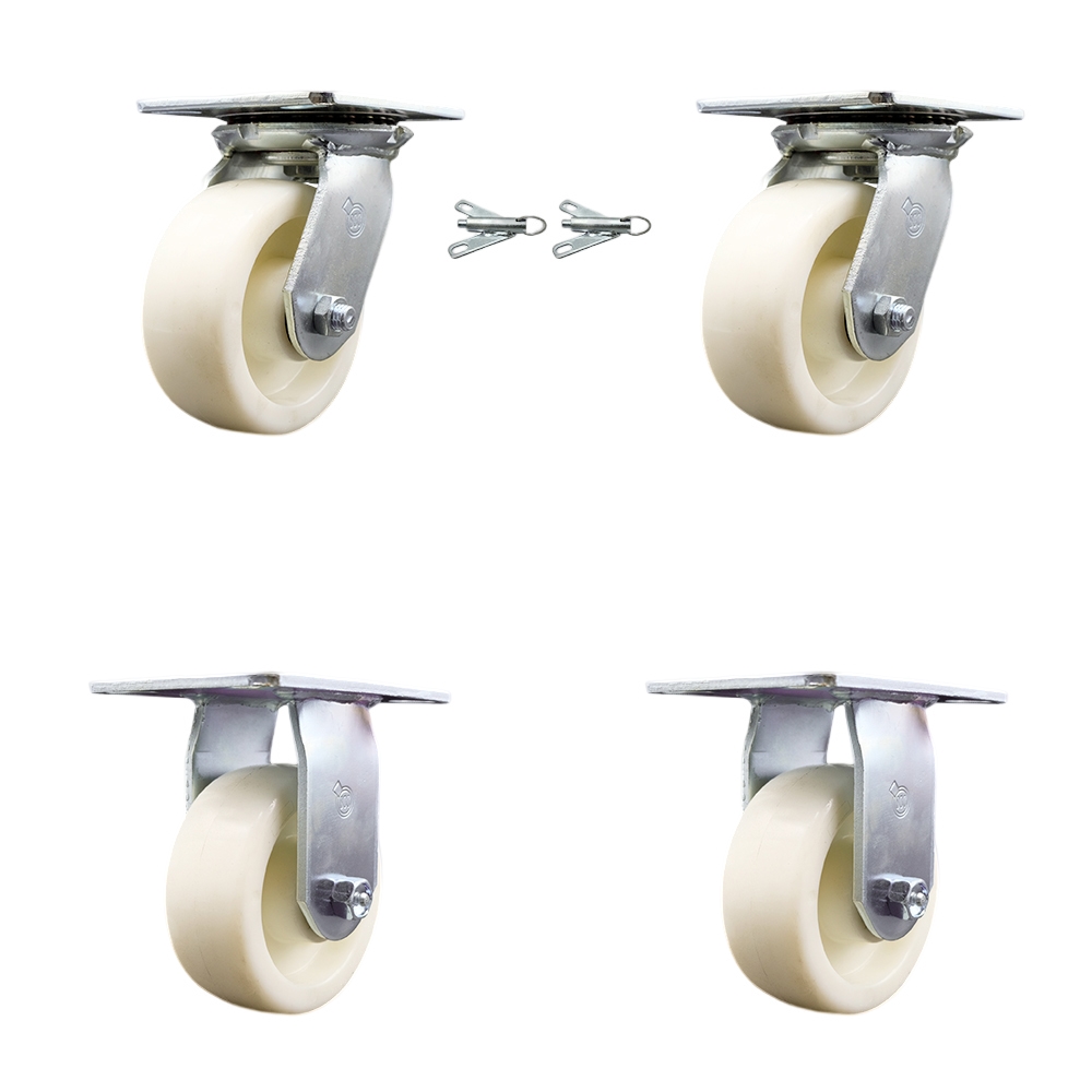 Heavy Duty Large Top Plate Nylon Swivel Caster with Maintenance Free Bearings with 5 x 2 in. White Wheels - 3600 lbs Capacity - Set of 4