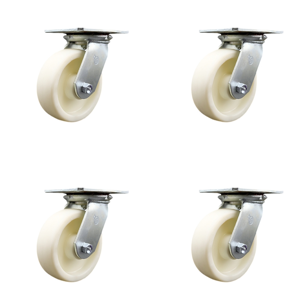 Heavy Duty Large Top Plate Nylon Swivel Caster with Maintenance Free Bearings with 6 x 2 in. White Wheels - 5000 lbs Total Capacity - Set of 4