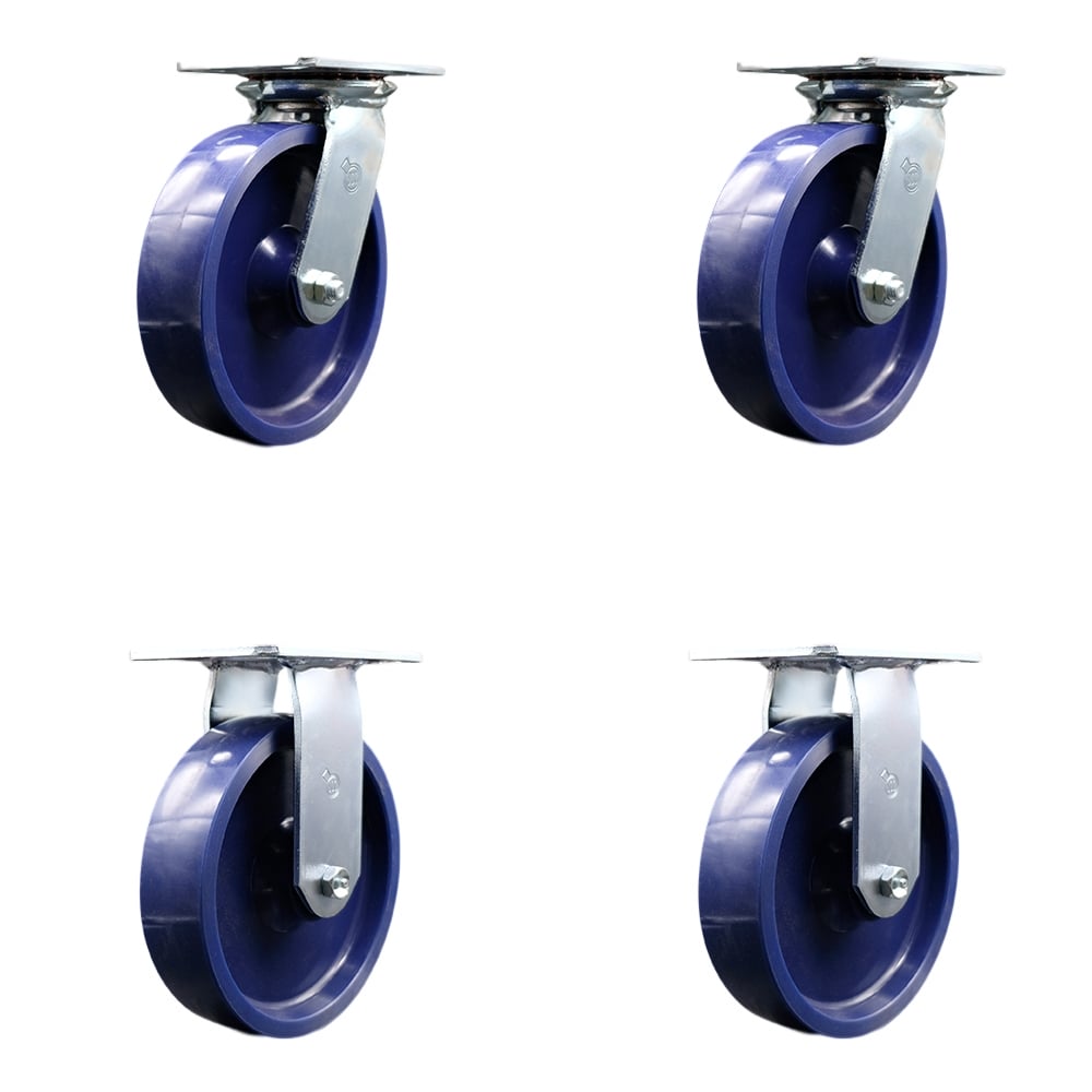 SCC-35S820-SPUR-2-R-2 Heavy Duty Large Top Plate Solid Polyurethane Swivel Caster with 8 x 2 in. Blue Wheels - 4800 lbs Total Capacity - Set of 4