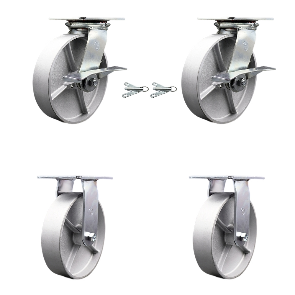 Heavy Duty Large Top Plate Semi Steel Cast Iron Swivel Caster with 8 x 2 in. Silver Wheels - 5000 lbs Capacity - Set of 4