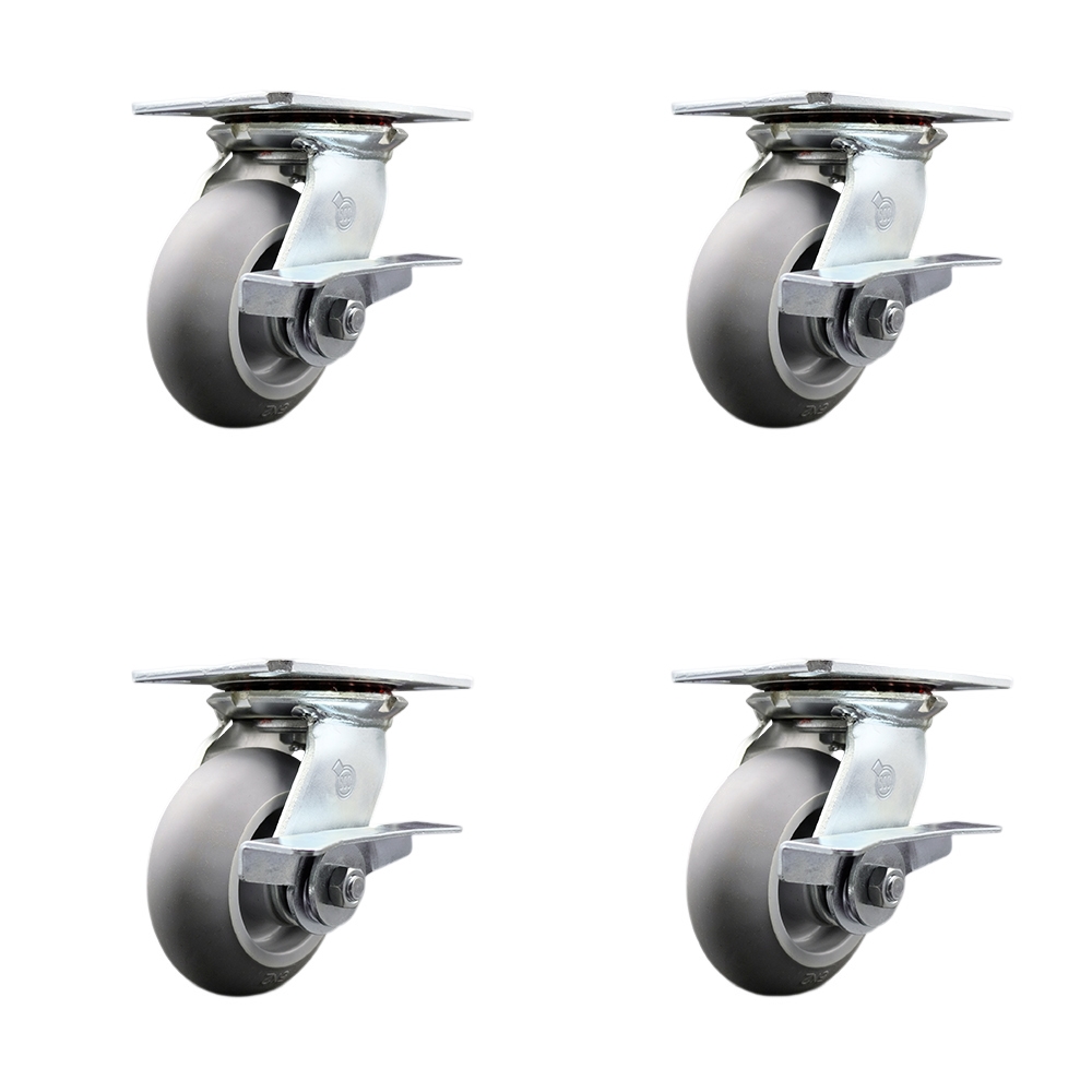 Heavy Duty Large Top Plate Thermo Rubber Donut Tread Swivel Caster with 5 x 2 in. Gray Wheels - 1400 lbs Total Capacity - Set of 4