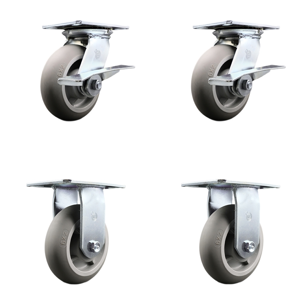Heavy Duty Large Top Plate Thermo Rubber Donut Tread Swivel Caster with 6 x 2 in. Gray Wheels - 2000 lbs Capacity - Set of 4