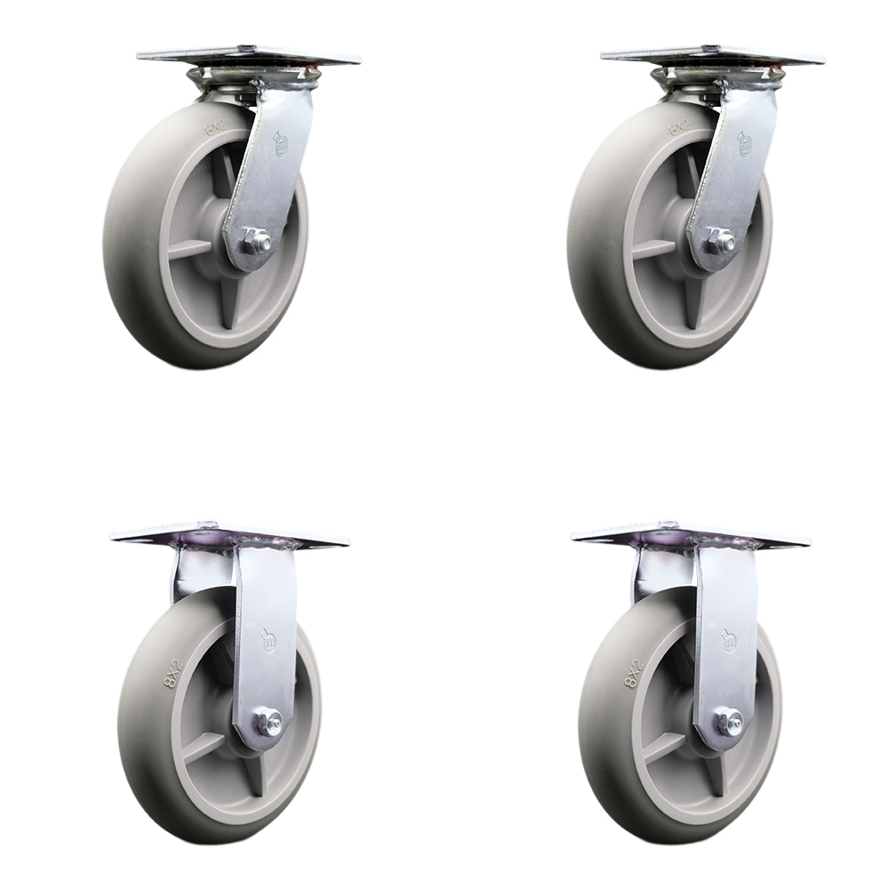 Heavy Duty Large Top Plate Thermo Rubber Donut Tread Swivel Caster with 8 x 2 in. Gray Wheels - 2400 lbs Total Capacity - Set of 4