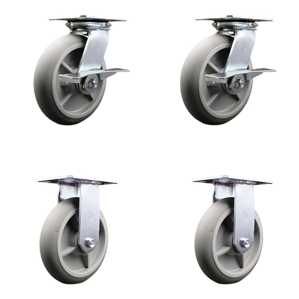 Heavy Duty Large Top Plate Thermo Rubber Donut Tread Swivel Caster with 8 x 2 in. Gray Wheels - 2400 lbs Total Capacity - Set of 4