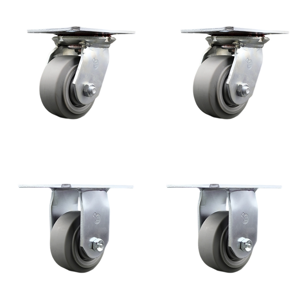 Heavy Duty Large Top Plate Thermo Rubber Flat Tread Swivel Caster with 4 x 2 in. Gray Wheels - 1200 lbs Total Capacity - Set of 4