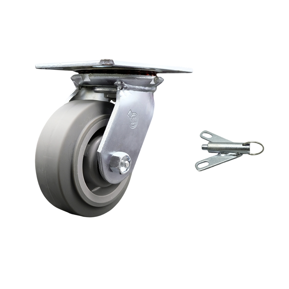 Heavy Duty Large Top Plate Thermo Rubber Flat Tread Swivel Caster with 5 x 2 in. Gray Wheel & Bolt on Swivel Lock - 350 lbs Capacity per Caster