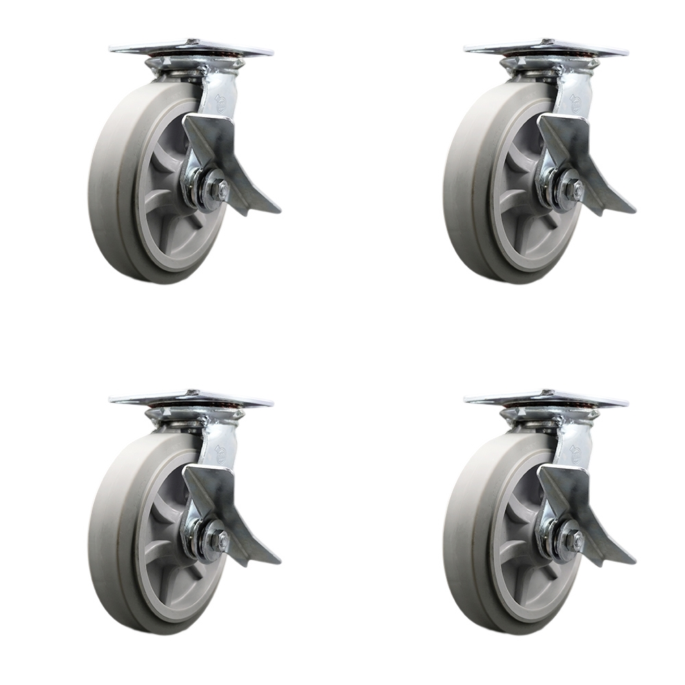 Heavy Duty Large Top Plate Thermo Rubber Flat Tread Swivel Caster with 8 x 2 in. Gray Wheels - 2400 lbs Total Capacity - Set of 4