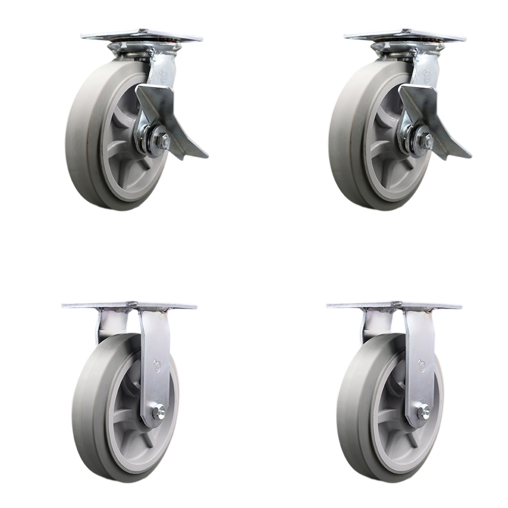 Heavy Duty Large Top Plate Thermo Rubber Flat Tread Swivel Caster with 8 x 2 in. Gray Wheels - 2400 lbs Total Capacity - Set of 4