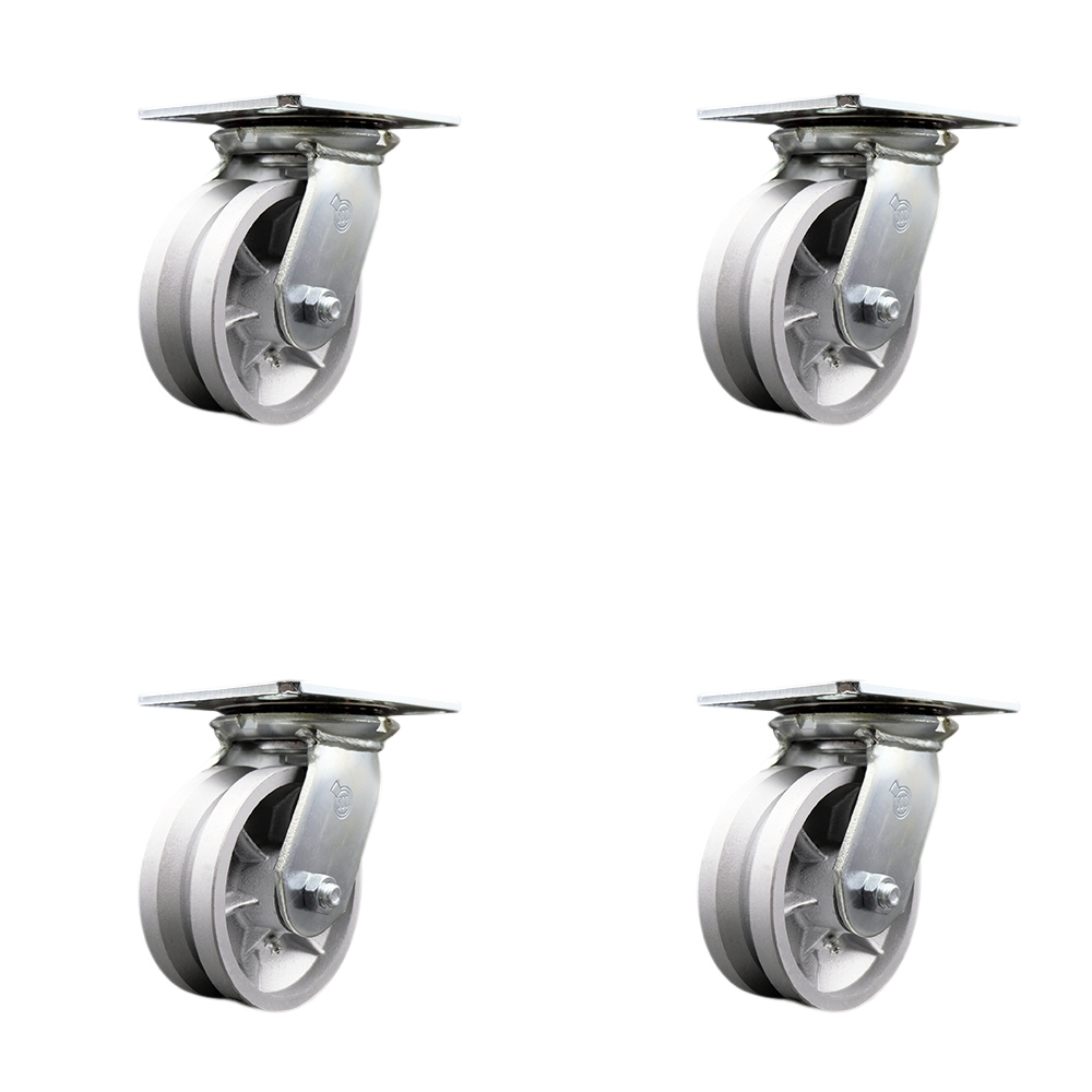 SCC-35S520-VGR-4 Heavy Duty Large Top Plate V Groove Semi Steel Swivel Caster with 5 x 2 in. Silver Wheels - 4400 lbs Total Capacity - Set of 4