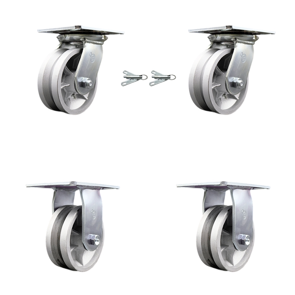 Heavy Duty Large Top Plate V Groove Semi Steel Swivel Caster with 5 x 2 in. Silver Wheels - 4400 lbs Total Capacity - Set of 4