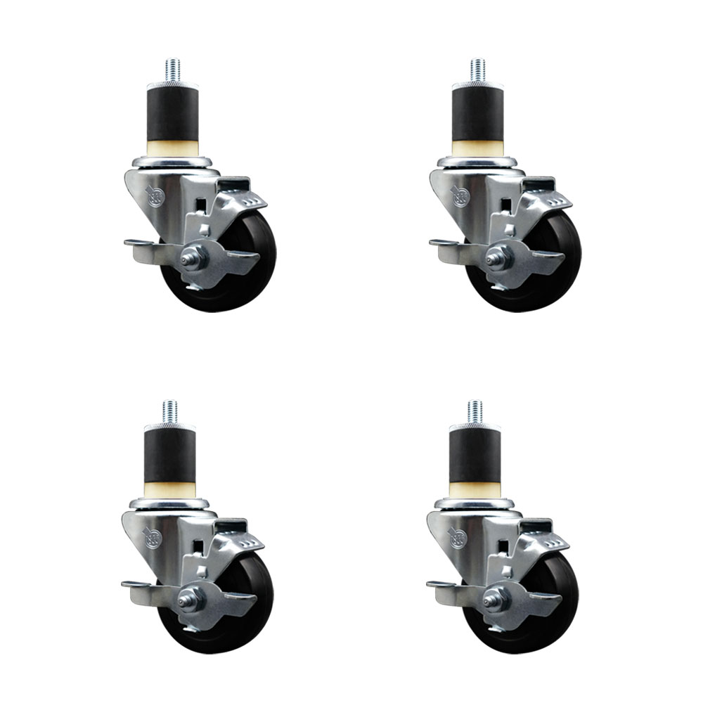 SCC-SSEX20S314-HRS-TLB-178-4 Stainless Steel Hard Rubber Swivel Expanding Stem Caster with 3 x 1.25 in. Black Wheels & 1.87 in.Stems - Set of 4