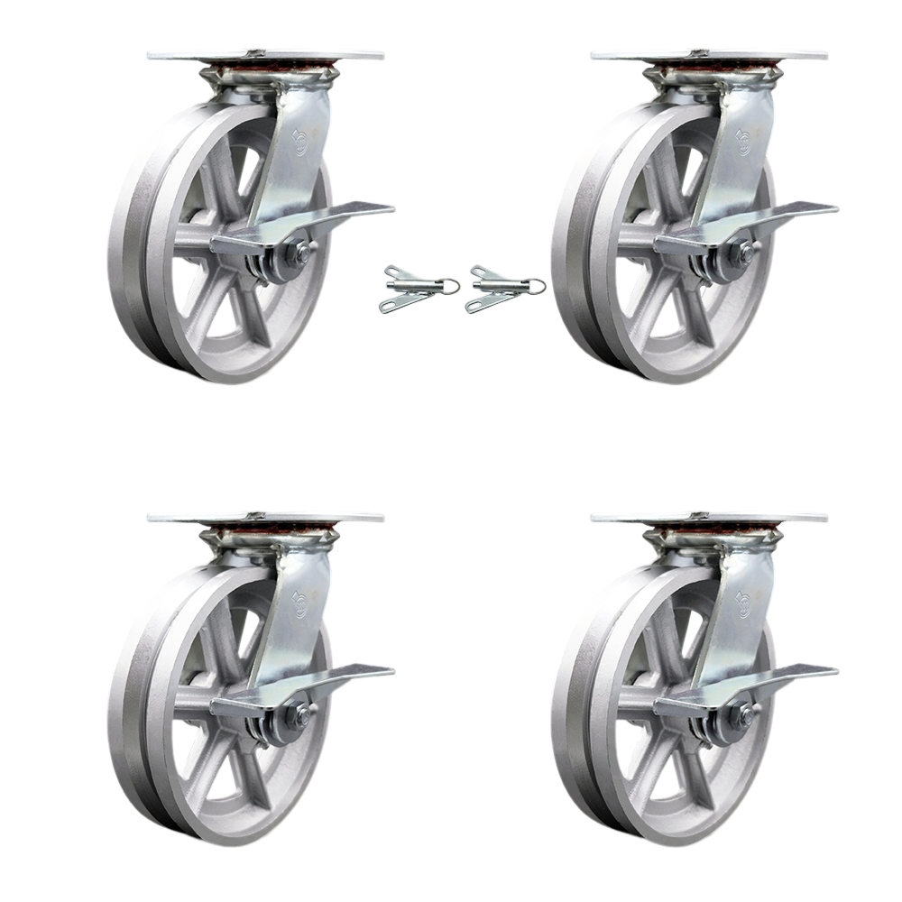 Heavy Duty Large Top Plate V Groove Semi Steel Swivel Caster with 8 x 2 in. Silver Wheels - 5000 lbs Capacity - Set of 4