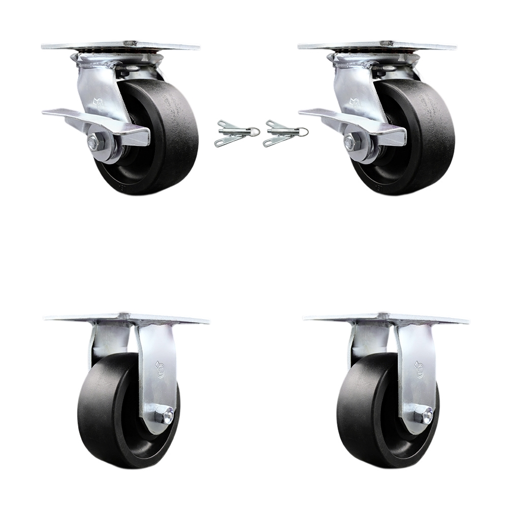 Heavy Duty Large Top Plate Glass Filled Nylon Swivel Caster with Maintenance Free Bearing with 5 x 2 in. Black Wheel - 6000 lbs Capacity - Set of 4