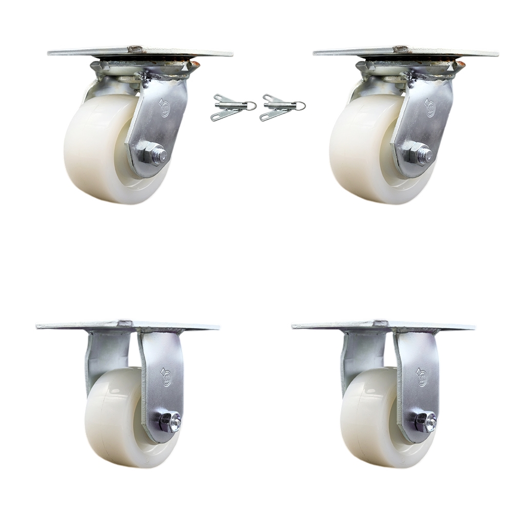 Heavy Duty Large Top Plate Nylon Swivel Caster with Maintenance Free Bearings with 4 x 2 in. White Wheels - 3200 lbs Capacity - Set of 4