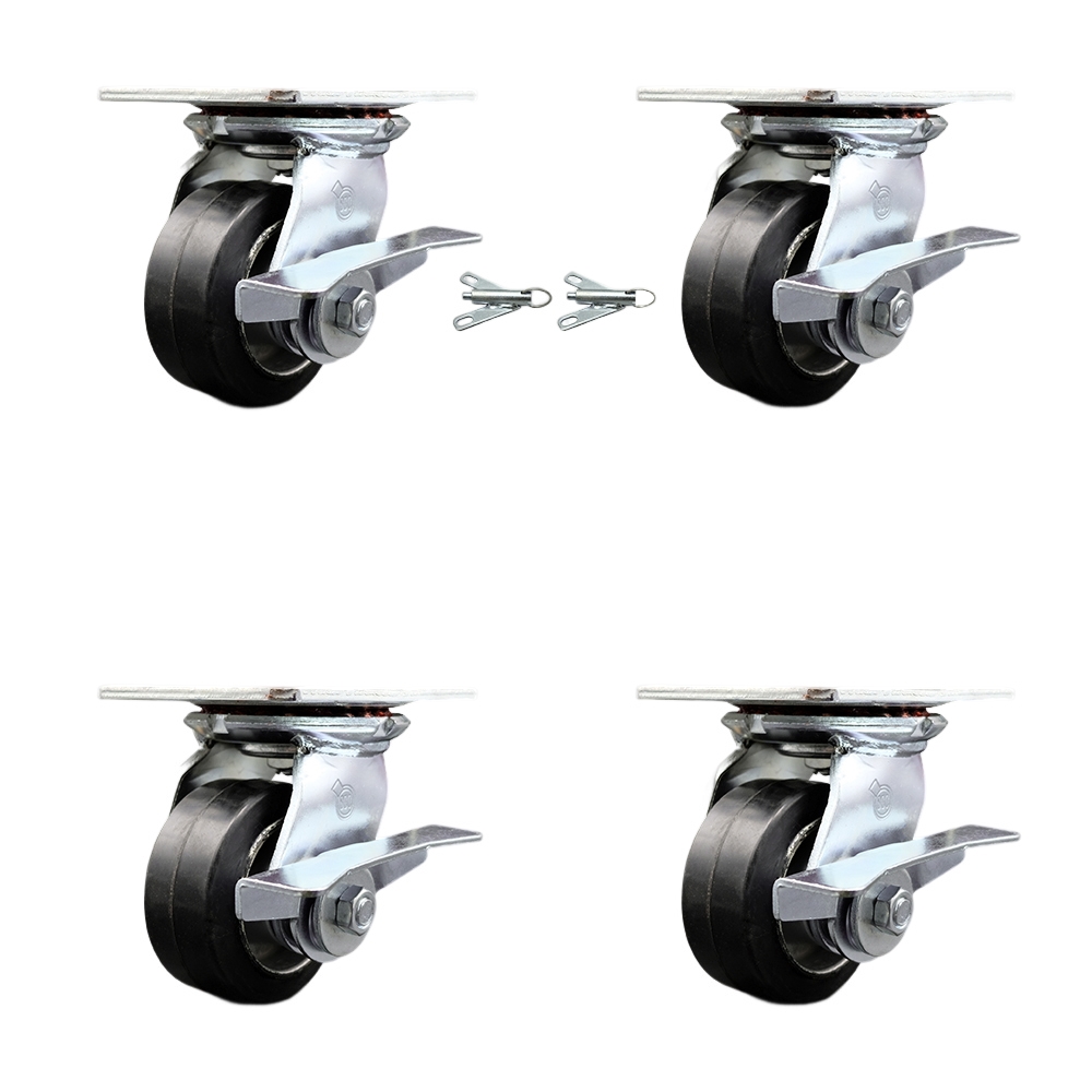 Heavy Duty Large Top Plate Rubber on Aluminum Swivel Caster with Maintenance Free Bearings with 4 x 2 in. Black Wheels - Set of 4