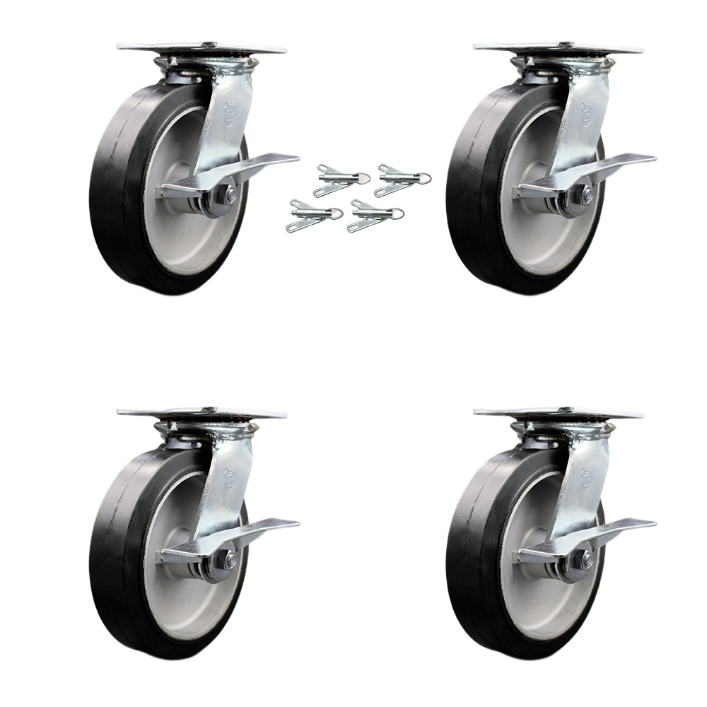Heavy Duty Large Top Plate Rubber on Aluminum Swivel Caster with Maintenance Free Bearings with 8 x 2 in. Black Wheels - Set of 4