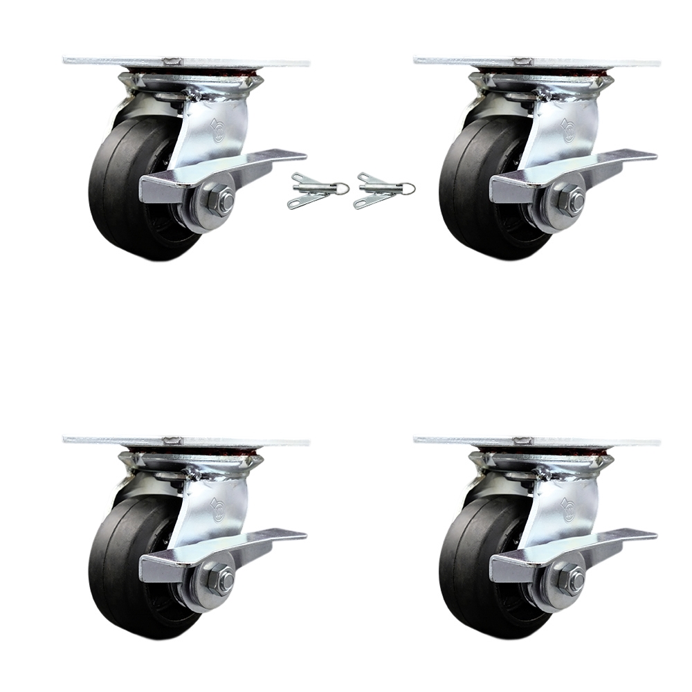 Heavy Duty Large Top Plate Rubber on Cast Iron Swivel Caster with Maintenance Free Bearings with 4 x 2 in. Black Wheels - Set of 4