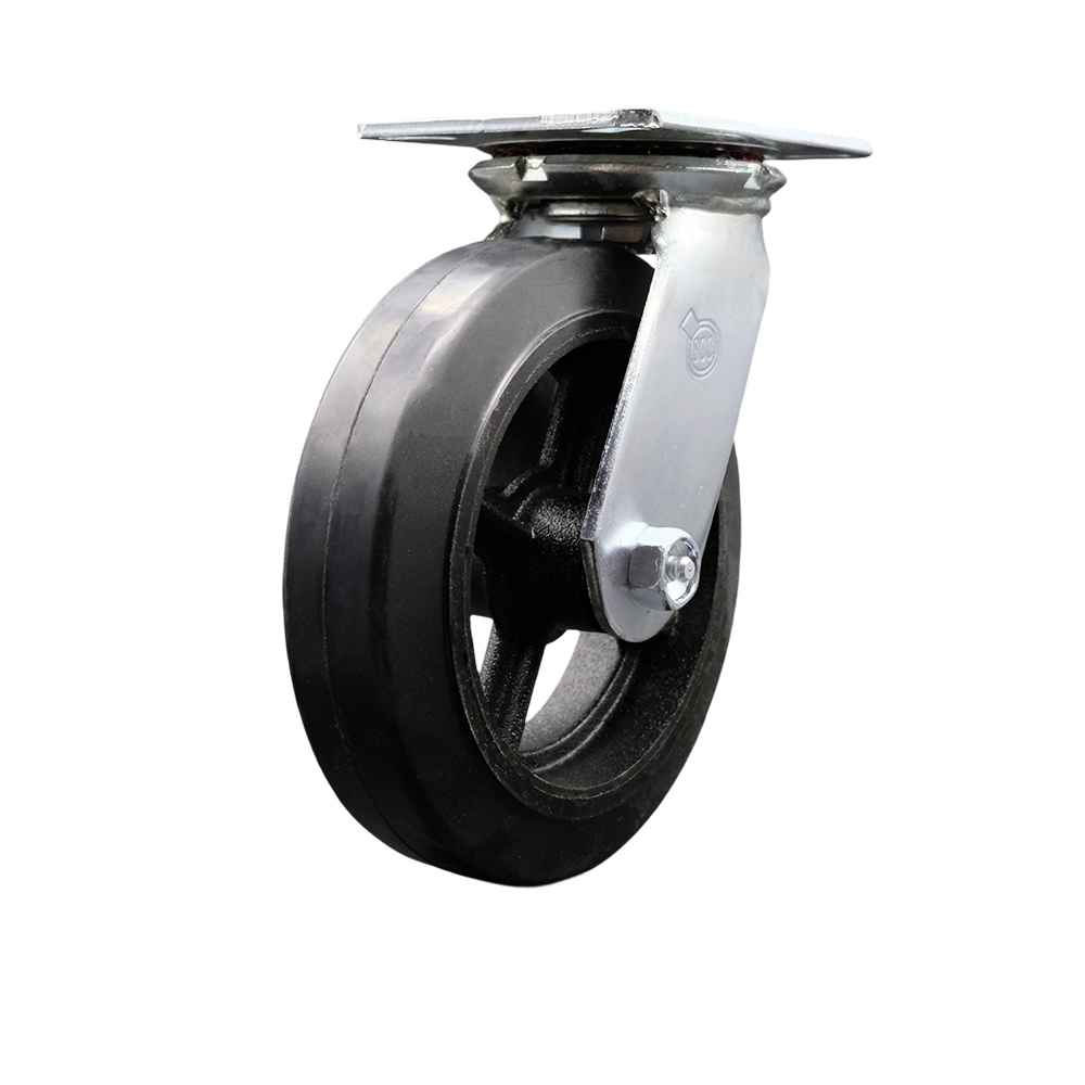 Heavy Duty Large Top Plate Rubber on Cast Iron Swivel Caster with Maintenance Free Bearings & 8 x 2 in. Black Wheel - 500 lbs Capacity per Caster