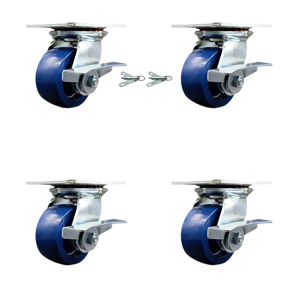 Heavy Duty Large Top Plate Solid Polyurethane Swivel Caster with Maintenance Free Bearings with 4 x 2 in. Blue Wheels - Set of 4