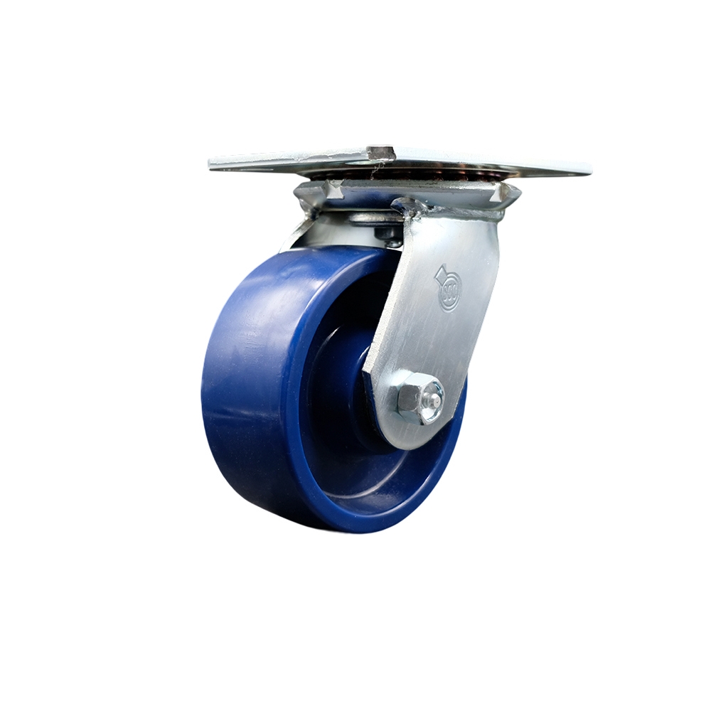 Heavy Duty Large Top Plate Solid Polyurethane Swivel Caster with Maintenance Free Bearings & 5 x 2 in. Blue Wheel - 1000 lbs Capacity per Caster