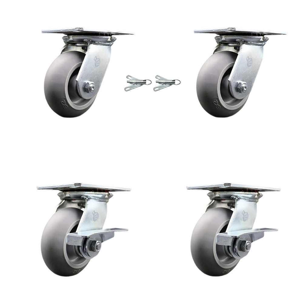 Heavy Duty Large Top Plate Thermo Rubber Donut Tread Swivel Caster with Maintenance Free Bearings with 5 x 2 in. Gray Wheels - Set of 4