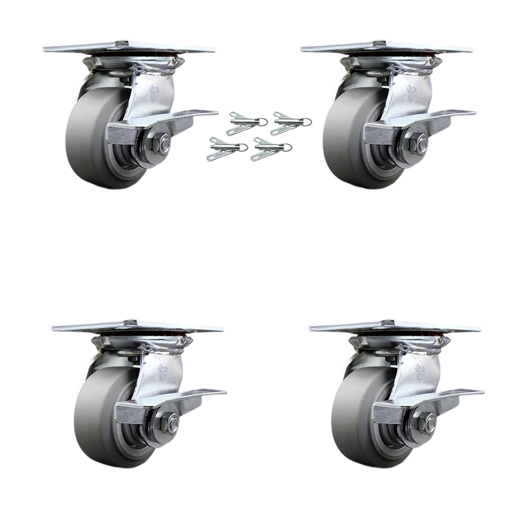 Heavy Duty Large Top Plate Thermo Rubber Flat Tread Swivel Caster with Maintenance Free Bearings with 4 x 2 in. Gray Wheels - Set of 4