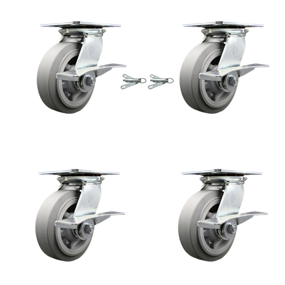 Heavy Duty Large Top Plate Thermo Rubber Flat Tread Swivel Caster with Maintenance Free Bearings with 6 x 2 in. Gray Wheels - Set of 4