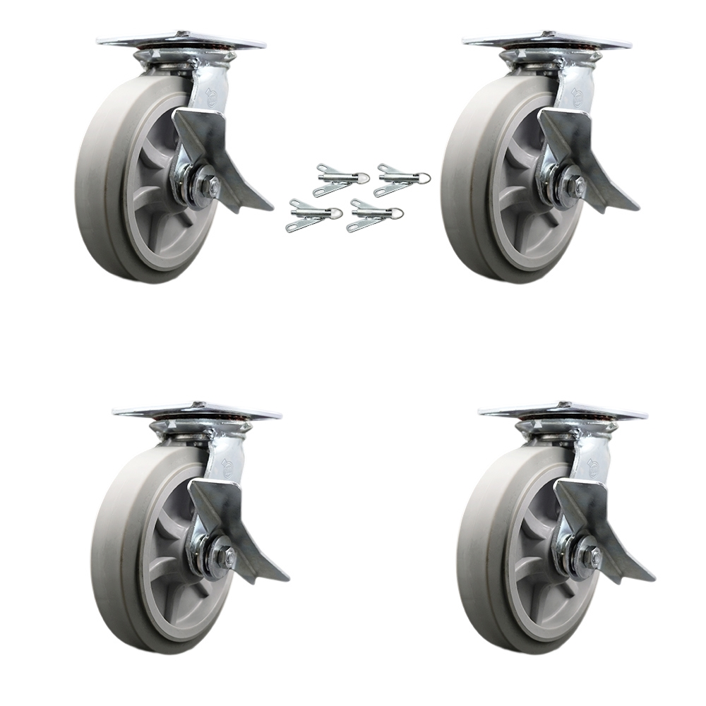 Heavy Duty Large Top Plate Thermo Rubber Flat Tread Swivel Caster with Maintenance Free Bearings with 8 x 2 in. Gray Wheels - Set of 4
