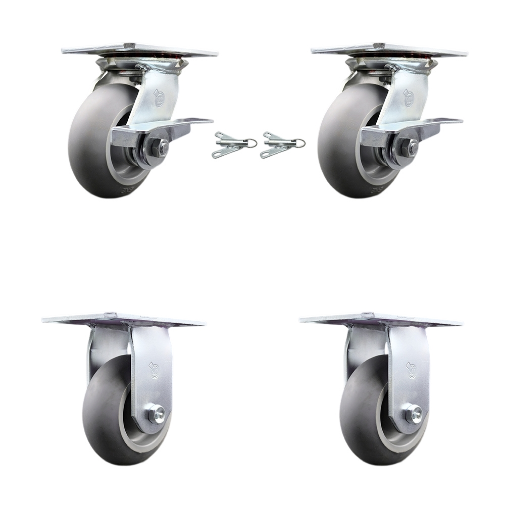 Heavy Duty Large Top Plate Thermo Rubber Donut Tread Swivel Caster with Maintenance Free Bearings with 5 x 2 in. Gray Wheels - Set of 4