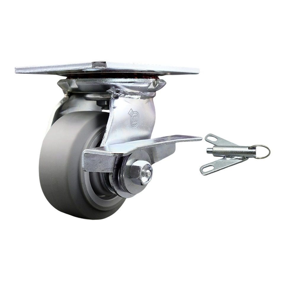 Heavy Duty Large Top Plate Thermo Rubber Flat Tread Swivel Caster with Maintenance Free Bearings & 4 x 2 in. Gray Wheel - 300 lbs Capacity