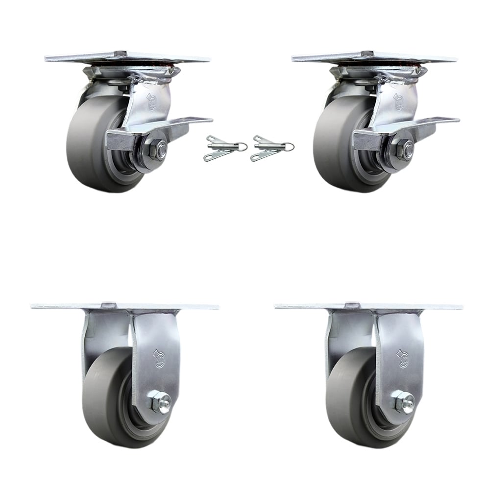 Heavy Duty Large Top Plate Thermo Rubber Flat Tread Swivel Caster with Maintenance Free Bearings with 4 x 2 in. Gray Wheels - Set of 4