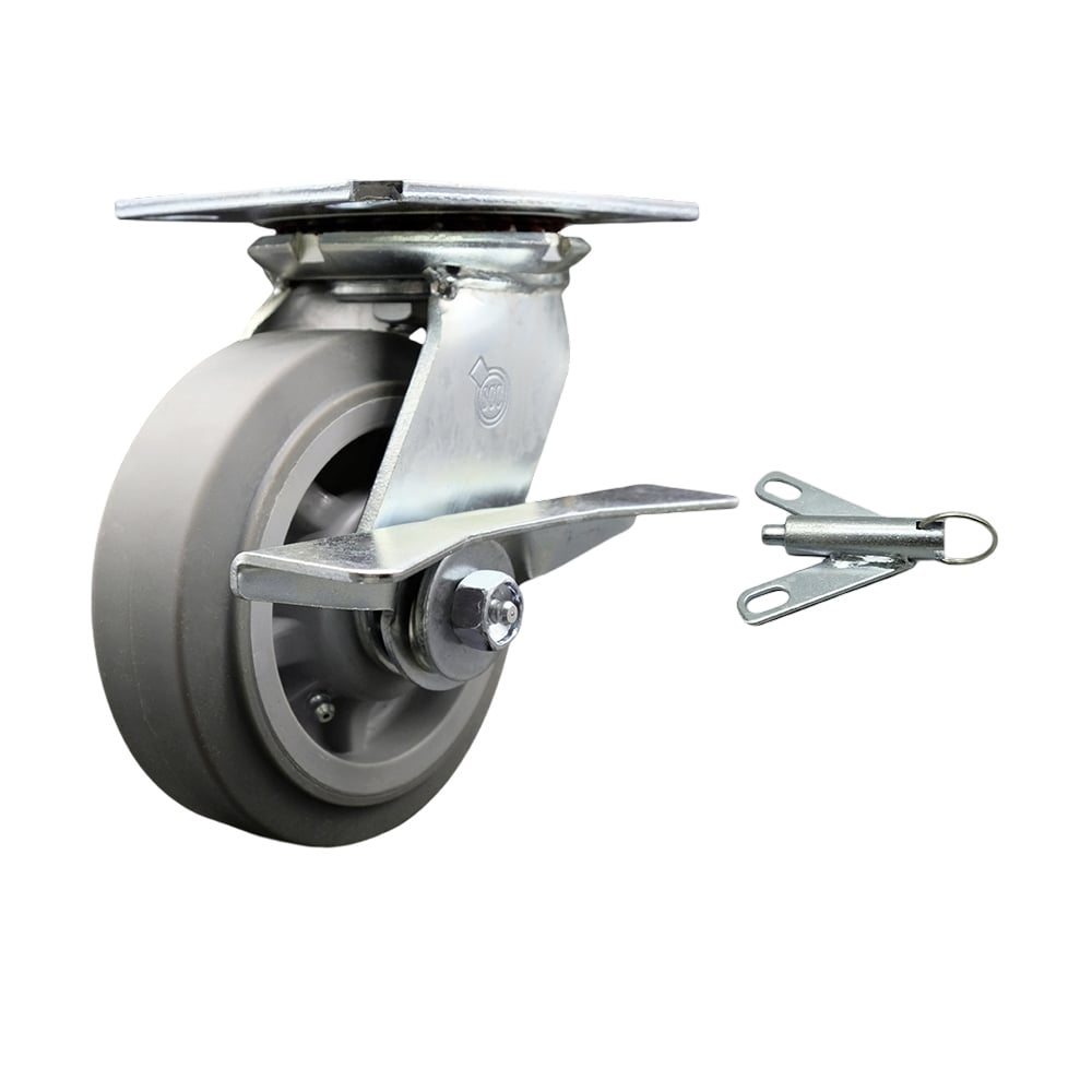 Heavy Duty Large Top Plate Thermo Rubber Flat Tread Swivel Caster with Maintenance Free Bearings & 6 x 2 in. Gray Wheel - 500 lbs Capacity