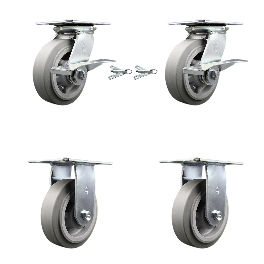 Heavy Duty Large Top Plate Thermo Rubber Flat Tread Swivel Caster with Maintenance Free Bearings with 6 x 2 in. Gray Wheels - Set of 4