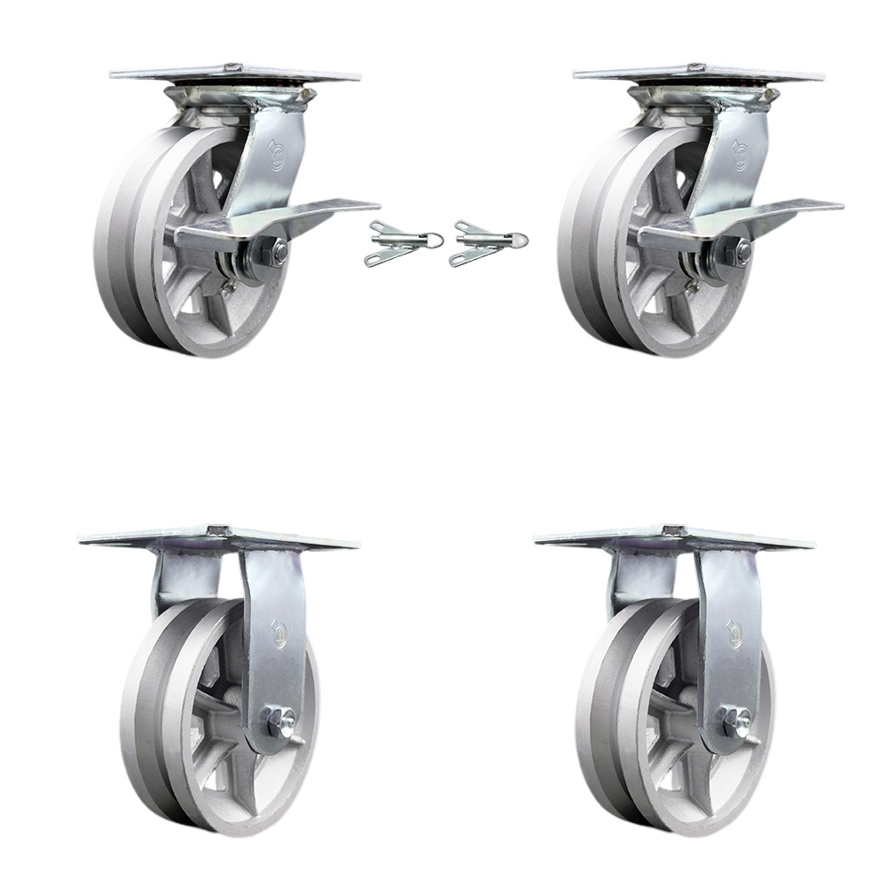 Heavy Duty Large Top Plate V Groove Semi Steel Swivel Caster with Maintenance Free Bearings with 6 x 2 in. Silver Wheels - Set of 4