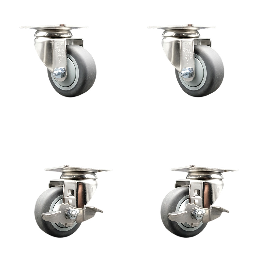 SCC-SS31620S314-TPRB-2-TLB-2 Thermoplastic Rubber Swivel Top Plate Caster with 3 in. Gray Caster Wheels - 316 Stainless Steel Casters - Set of 4