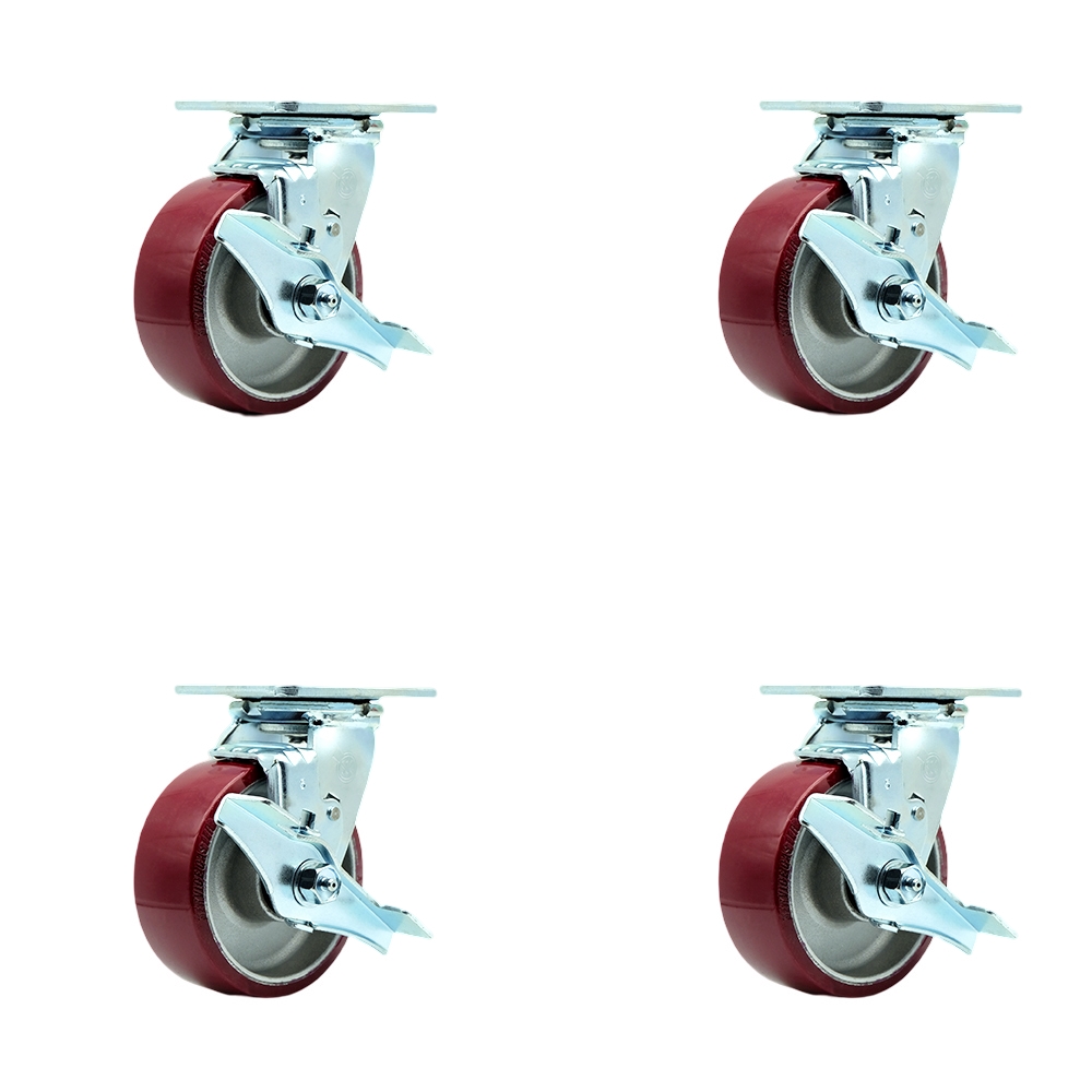 SCC-30CS520-PAR-TLB-4 Polyurethane on Aluminum Swivel Top Plate Casters, Heavy Duty with 5 in. Wheels - 3600 lbs Total Capacity - Set of 4