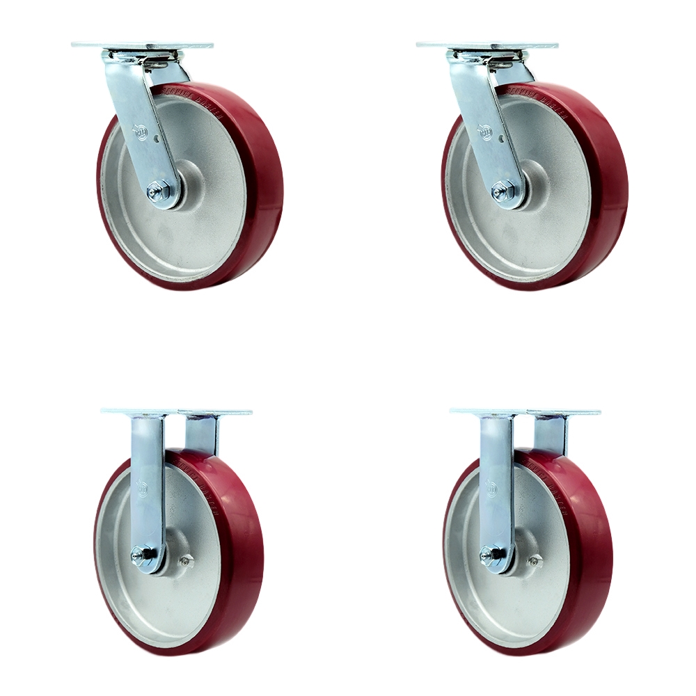 SCC-30CS820-PAR-2-R820-2 Polyurethane on Aluminum Swivel Top Plate Casters, Heavy Duty with 8 in. Wheels - 5000 lbs Total Capacity - Set of 4