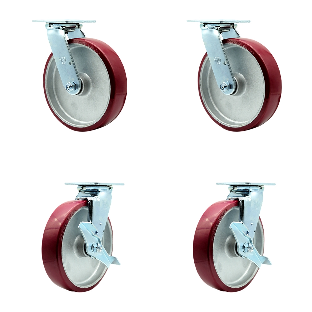 SCC-30CS820-PAR-2-TLB-2 Polyurethane on Aluminum Swivel Top Plate Casters, Heavy Duty with 8 in. Wheels - 5000 lbs Total Capacity - Set of 4