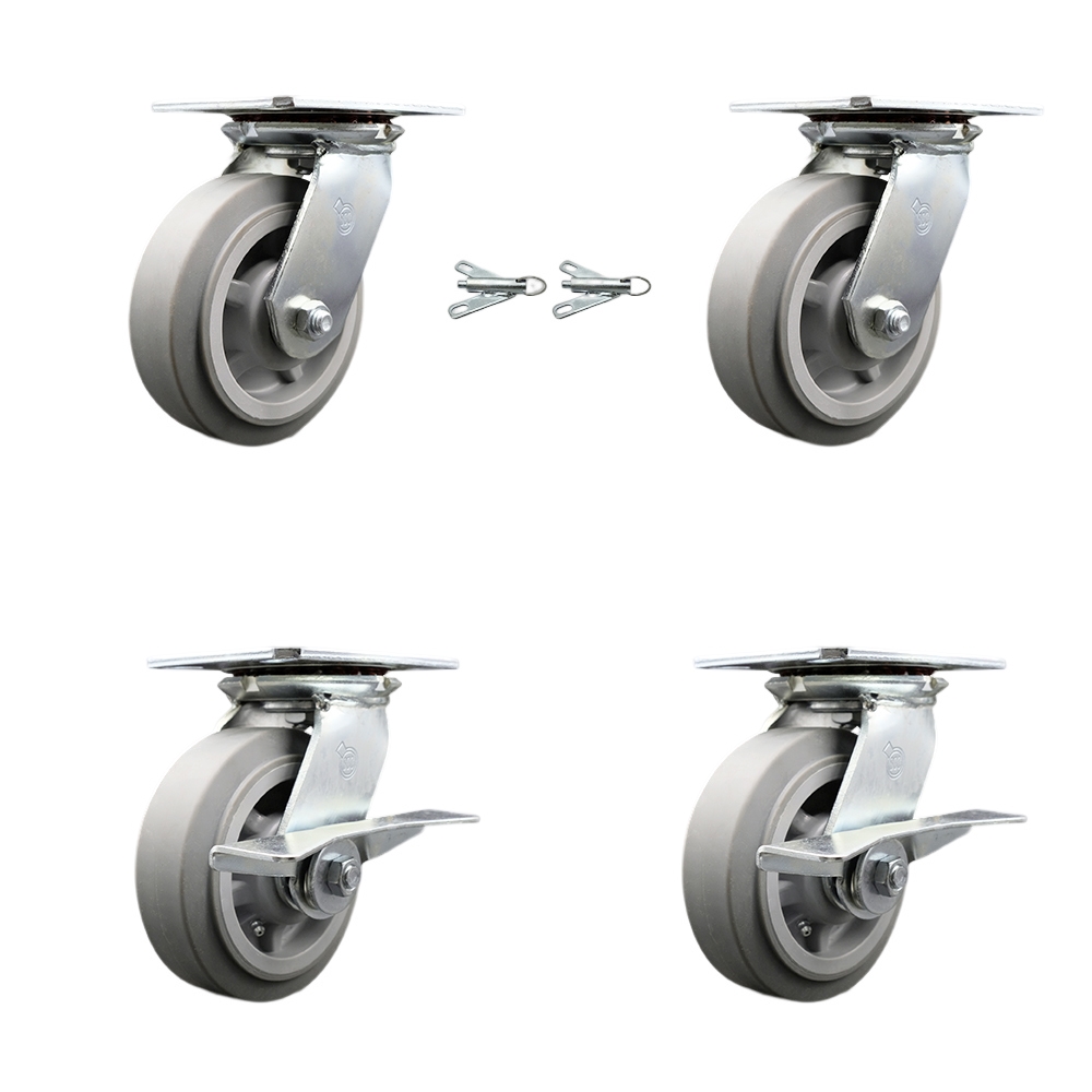 Heavy Duty Large Top Plate Thermo Rubber Flat Tread Swivel Caster with Maintenance Free Bearings with 6 x 2 in. Gray Wheels - Set of 4