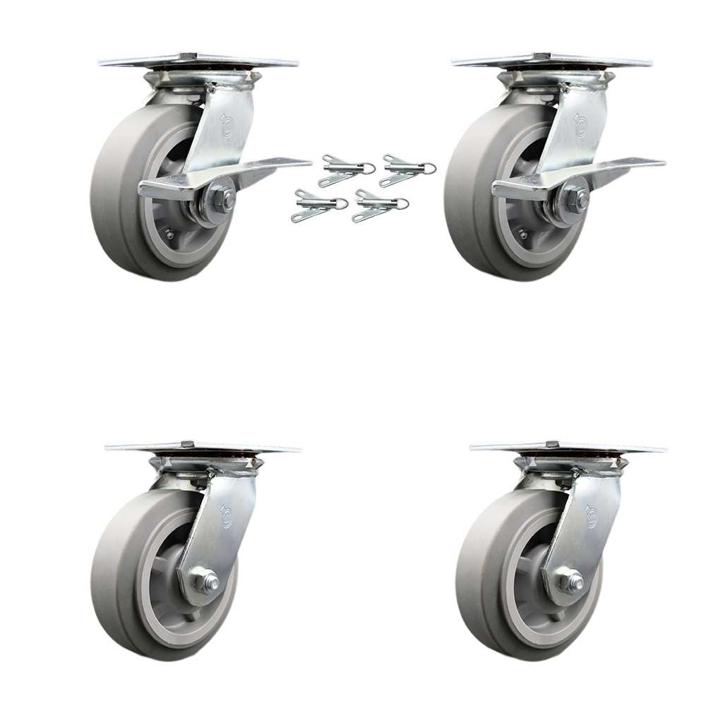 Heavy Duty Large Top Plate Thermo Rubber Flat Tread Swivel Caster with Maintenance Free Bearings with 6 x 2 in. Gray Wheel - Set of 4