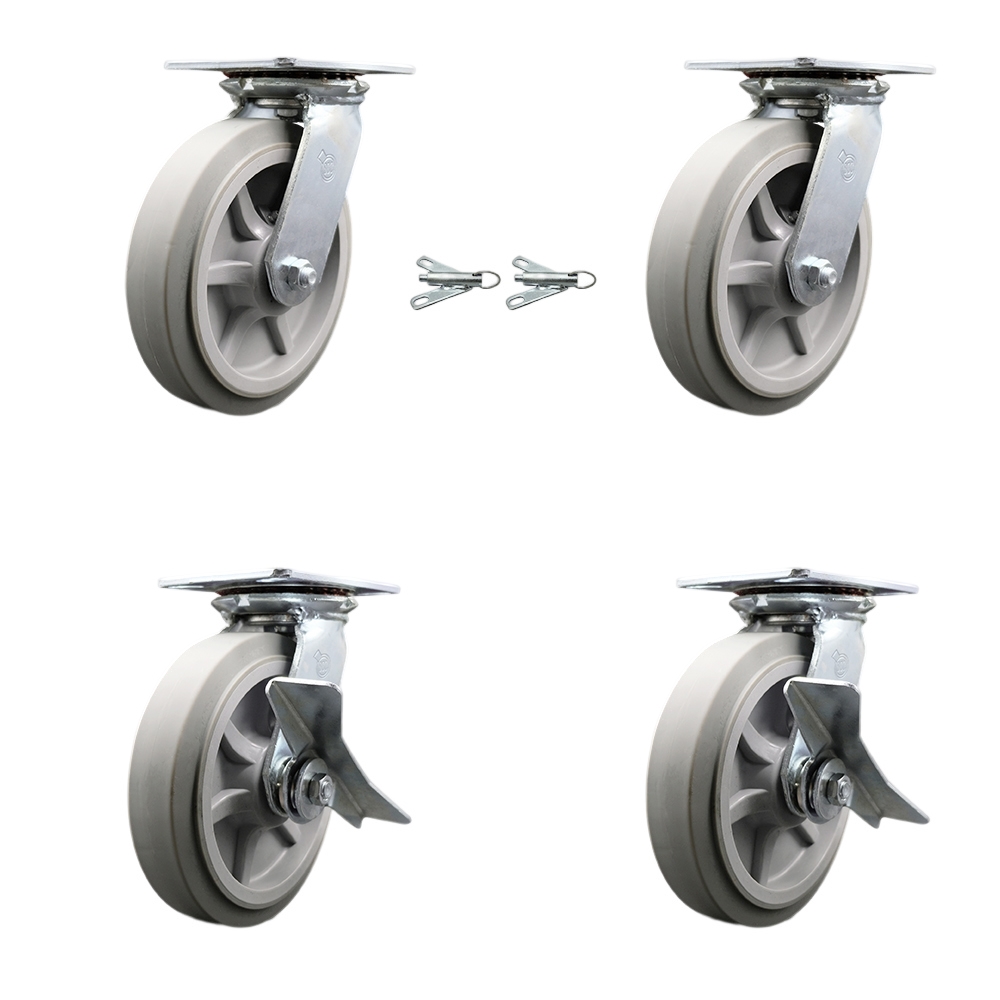 Heavy Duty Large Top Plate Thermo Rubber Flat Tread Swivel Caster with Maintenance Free Bearings with 8 x 2 in. Gray Wheels - Set of 4