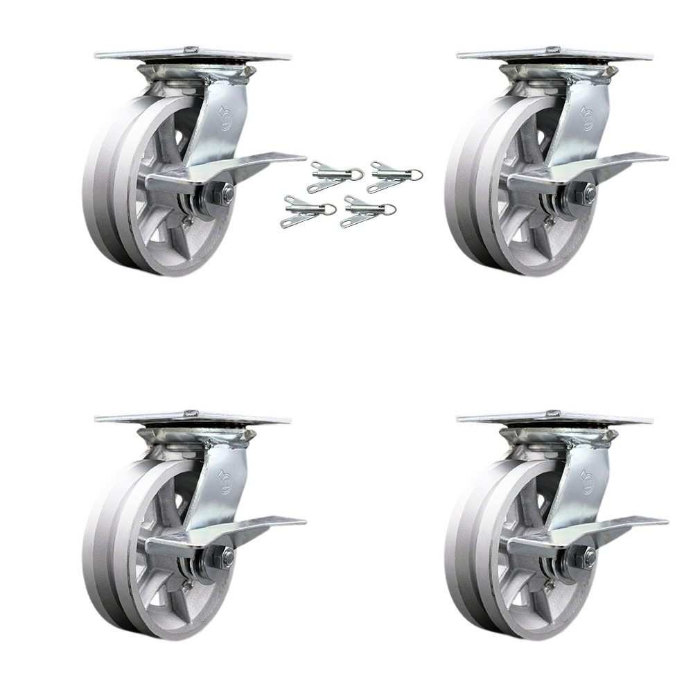 Heavy Duty Large Top Plate V Groove Semi Steel Swivel Caster with Maintenance Free Bearings with 6 x 2 in. Silver Wheels - Set of 4