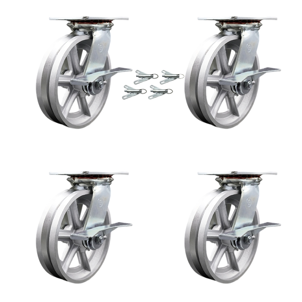 Heavy Duty Large Top Plate V Groove Semi Steel Swivel Caster with Maintenance Free Bearings with 8 x 2 in. Silver Wheels - Set of 4