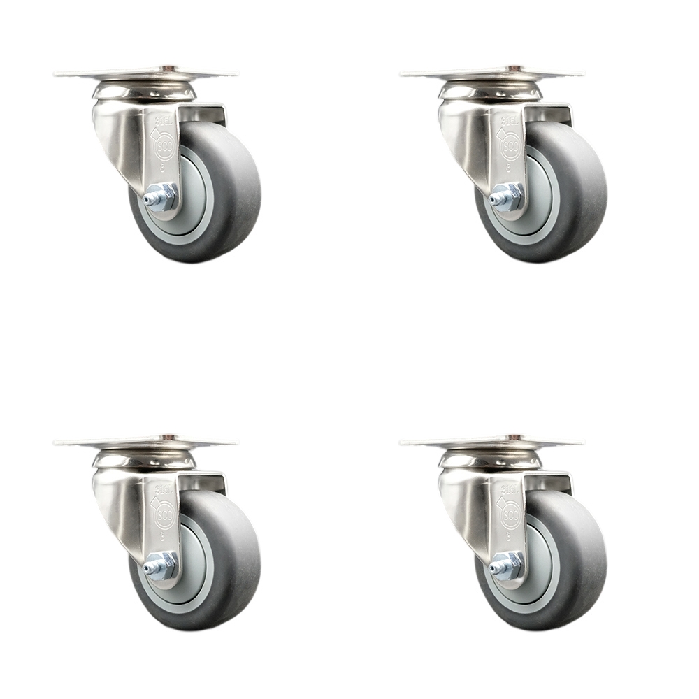 Thermoplastic Rubber Swivel Top Plate Caster with 3 in. Gray Caster Wheels - 316 Stainless Steel Casters - 840 lbs Total Capacity - Set of 4