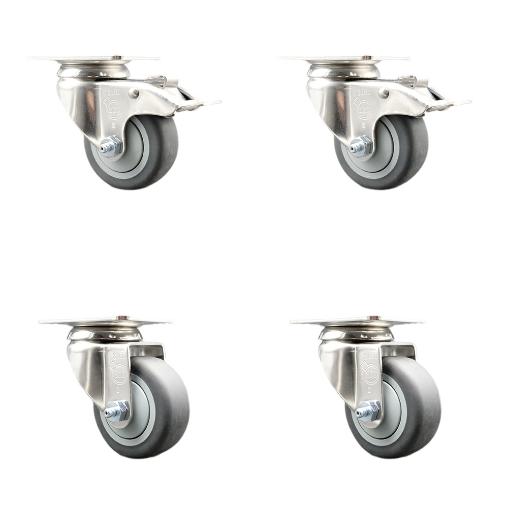 SCC-SS316TTL20S314-TPRB-2-S-2 Thermoplastic Rubber Swivel Top Plate Caster with 3 in. Gray Caster Wheels - 316 Stainless Steel Casters - Set of 4