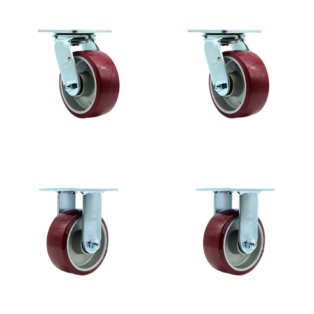 SCC-30CS520-PAR-2-R520-2 Polyurethane on Aluminum Swivel Top Plate Casters, Heavy Duty with 5 in. Wheels - 3600 lbs Total Capacity - Set of 4