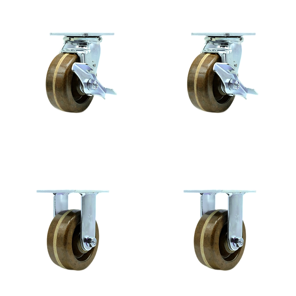 High Temperature Phenolic Swivel Top Plate Casters, Heavy Duty with 5 in. Wheels - 4000 lbs Total Capacity - Set of 4