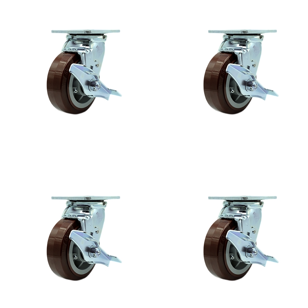 SCC-30CS520-PPUR-TLB-4 Polyurethane Swivel Top Plate Casters, Heavy Duty with 5 in. Wheels - 3000 lbs Total Capacity - Set of 4