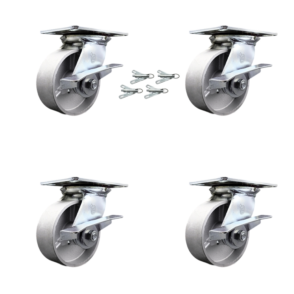 Heavy Duty Large Top Plate Semi Steel Cast Iron Swivel Caster with Maintenance Free Bearings with 5 x 2 in. Silver Wheels - Set of 4