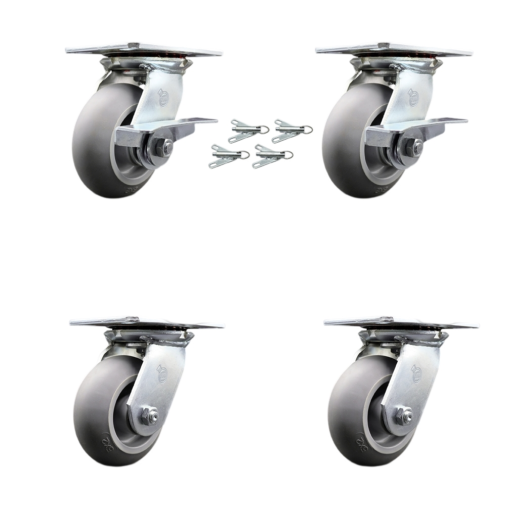 Heavy Duty Large Top Plate Thermo Rubber Donut Tread Swivel Caster with Maintenance Free Bearing with 5 x 2 in. Gray Wheel - Set of 4